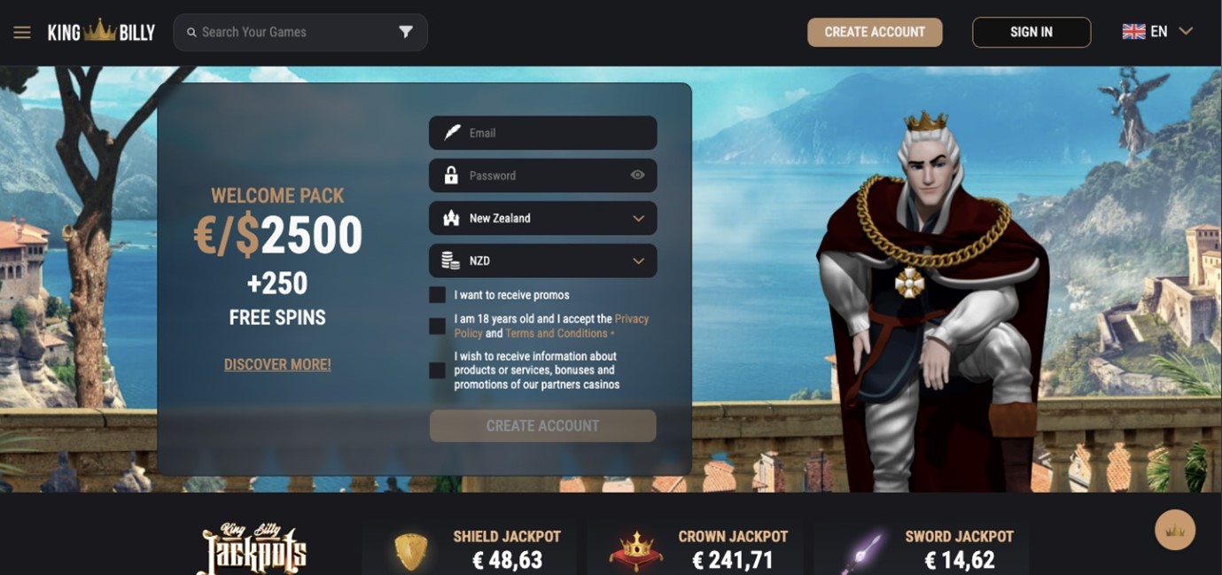 King Billy Casino homepage showcasing game lobby and promotional banners