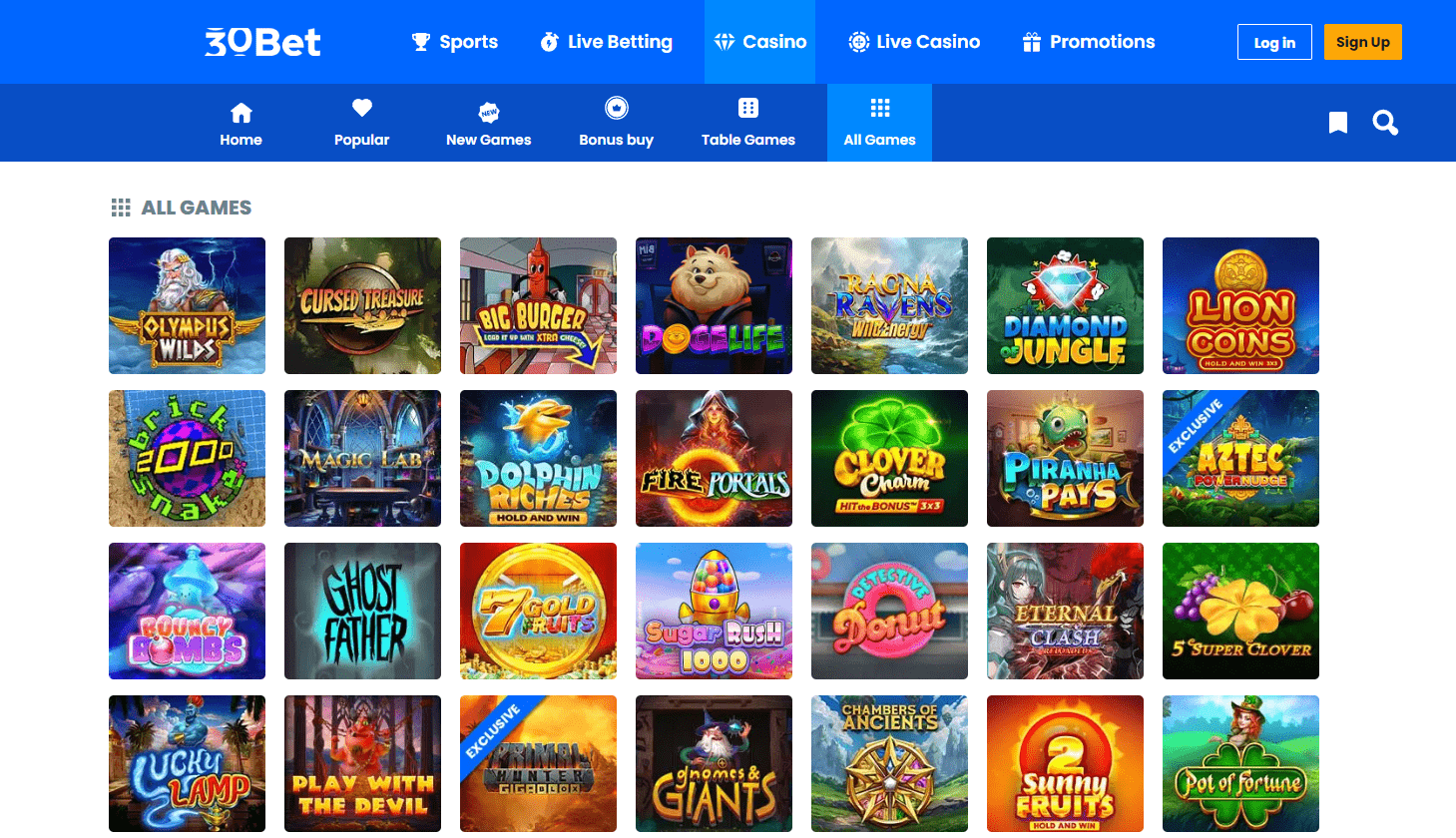 30bet Casino Homepage Interface
