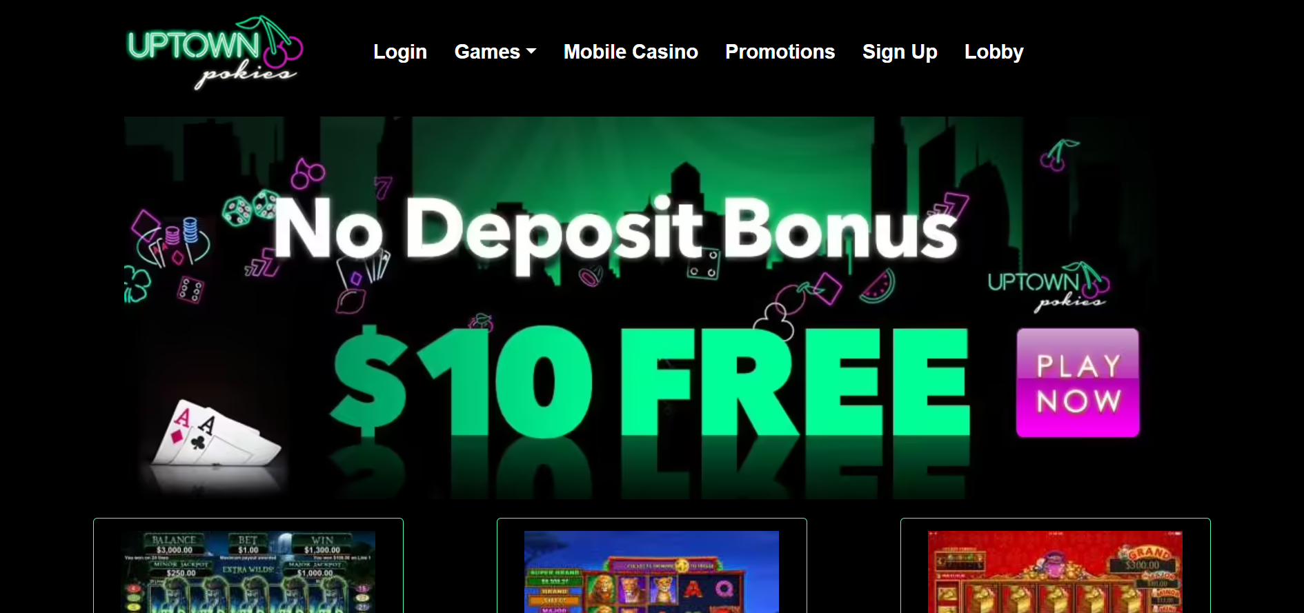 Screenshot of the Uptown Pokies casino game lobby interface on desktop and mobile