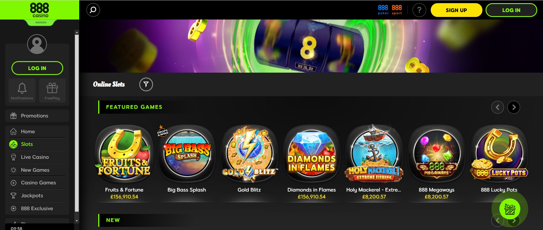 888 Casino interface showing games and bonuses